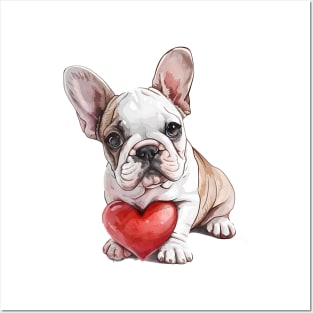 Valentine Bulldog Holding Heart Posters and Art